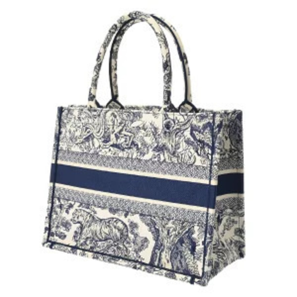 Dior Embroidery White Tote Bag Canvas Toile Ecru Blue Book Jouy de